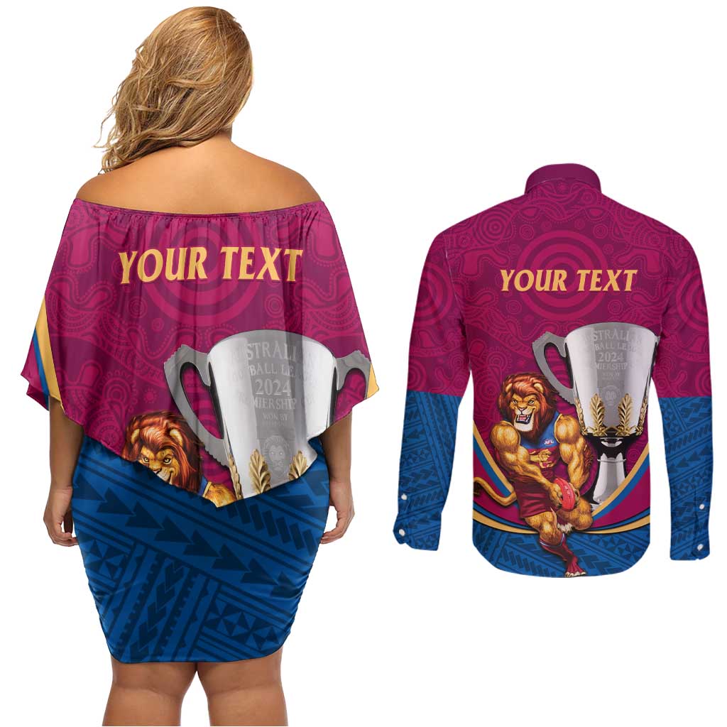 Personalised AFL Brisbane Lions Couples Matching Off Shoulder Short Dress and Long Sleeve Button Shirt 2024 We Are The Champions - Trophy Style