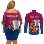 Personalised AFL Brisbane Lions Couples Matching Off Shoulder Short Dress and Long Sleeve Button Shirt 2024 We Are The Champions - Trophy Style