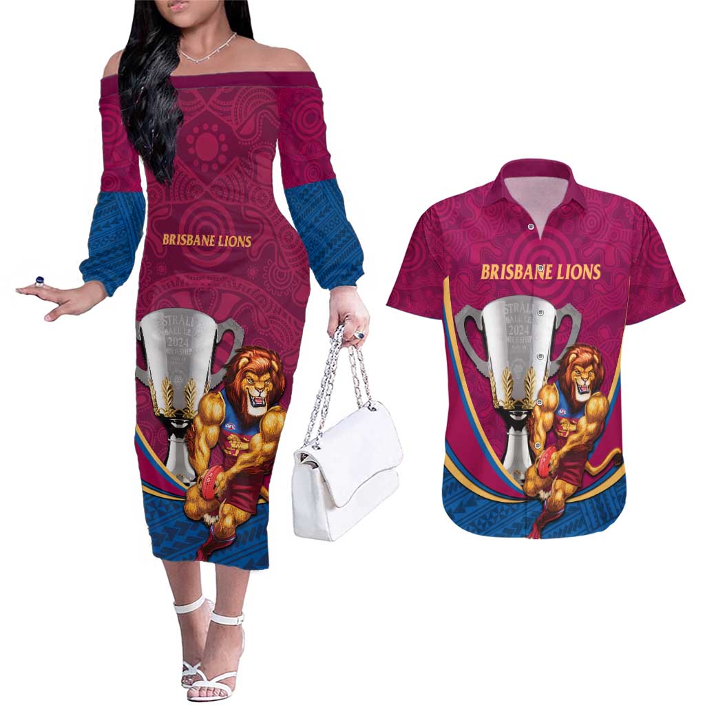 Personalised AFL Brisbane Lions Couples Matching Off The Shoulder Long Sleeve Dress and Hawaiian Shirt 2024 We Are The Champions - Trophy Style