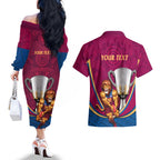 Personalised AFL Brisbane Lions Couples Matching Off The Shoulder Long Sleeve Dress and Hawaiian Shirt 2024 We Are The Champions - Trophy Style