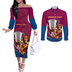 Personalised AFL Brisbane Lions Couples Matching Off The Shoulder Long Sleeve Dress and Long Sleeve Button Shirt 2024 We Are The Champions - Trophy Style
