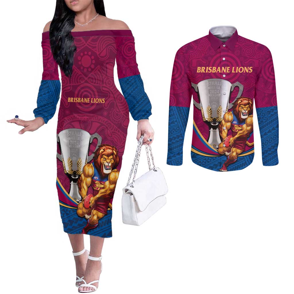 Personalised AFL Brisbane Lions Couples Matching Off The Shoulder Long Sleeve Dress and Long Sleeve Button Shirt 2024 We Are The Champions - Trophy Style