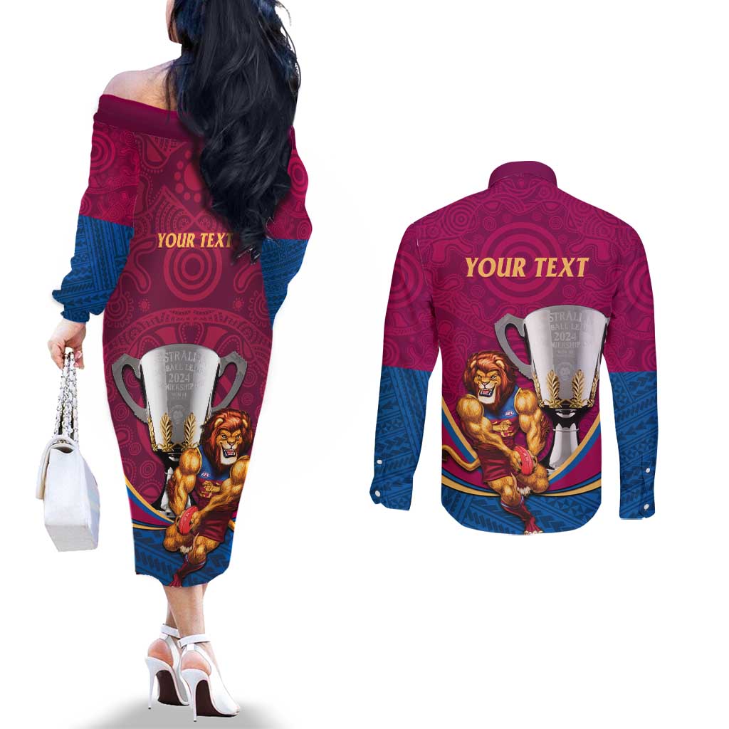 Personalised AFL Brisbane Lions Couples Matching Off The Shoulder Long Sleeve Dress and Long Sleeve Button Shirt 2024 We Are The Champions - Trophy Style