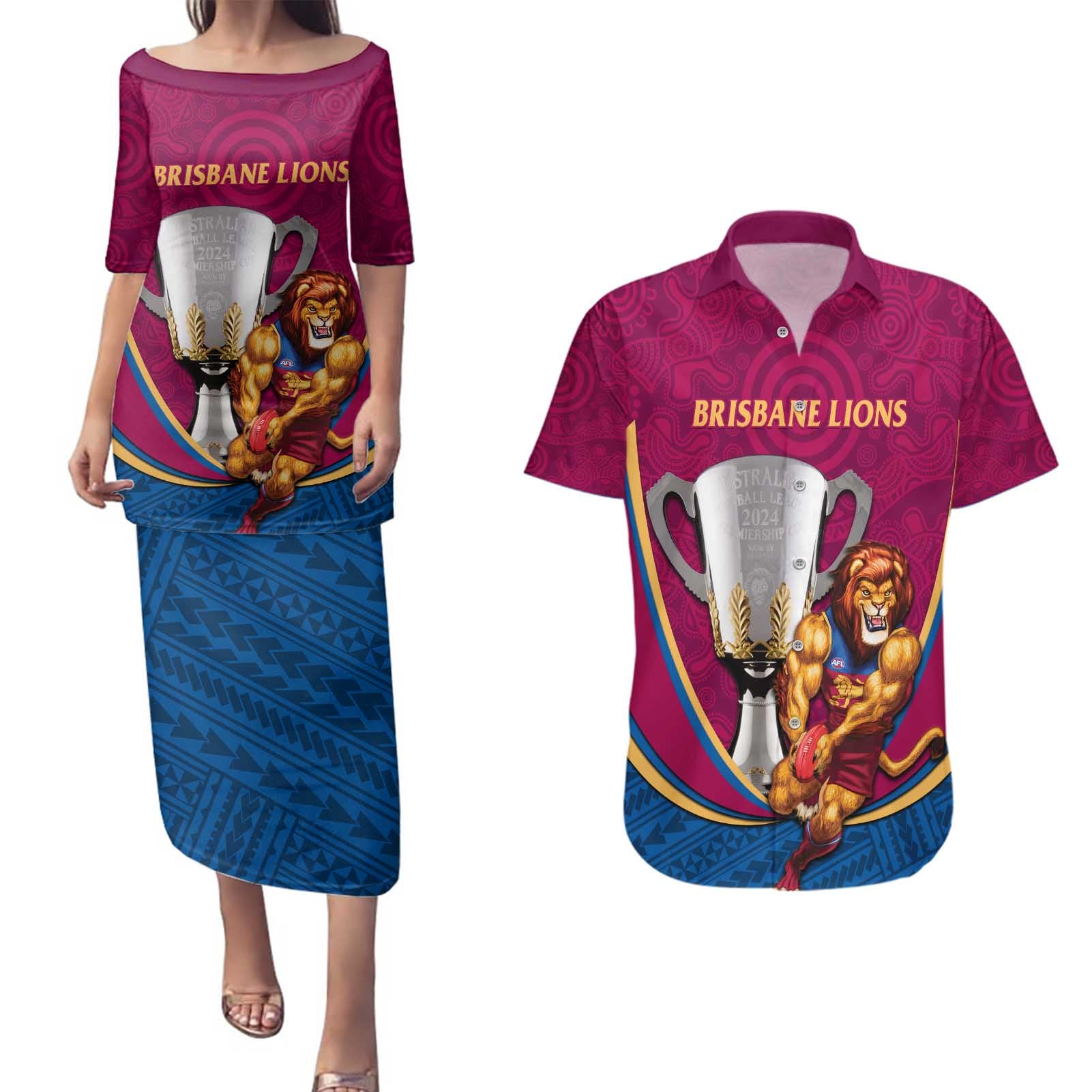 Personalised AFL Brisbane Lions Couples Matching Puletasi and Hawaiian Shirt 2024 We Are The Champions - Trophy Style