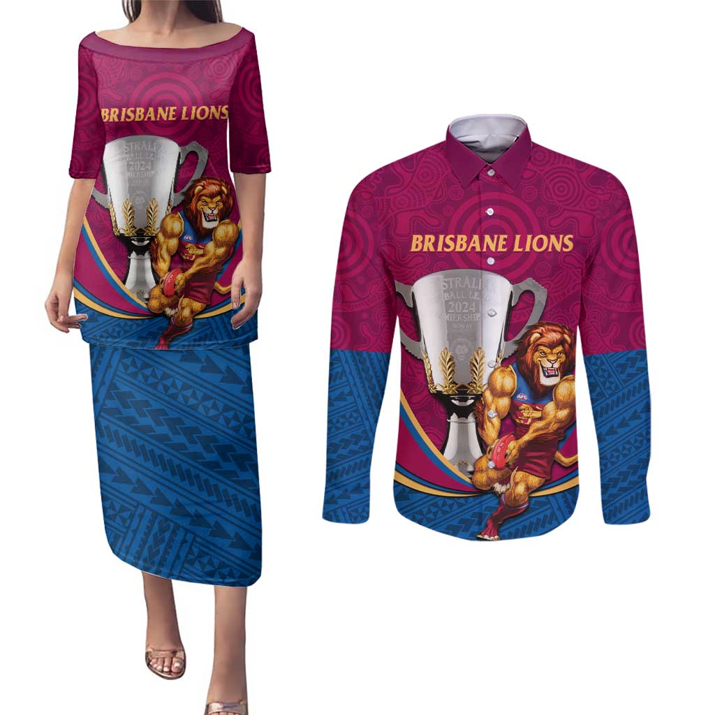 Personalised AFL Brisbane Lions Couples Matching Puletasi and Long Sleeve Button Shirt 2024 We Are The Champions - Trophy Style