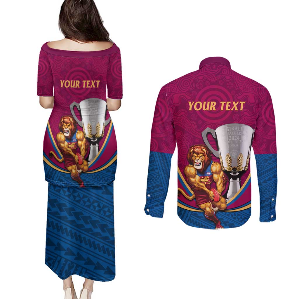 Personalised AFL Brisbane Lions Couples Matching Puletasi and Long Sleeve Button Shirt 2024 We Are The Champions - Trophy Style