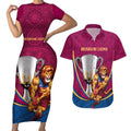 Personalised AFL Brisbane Lions Couples Matching Short Sleeve Bodycon Dress and Hawaiian Shirt 2024 We Are The Champions - Trophy Style