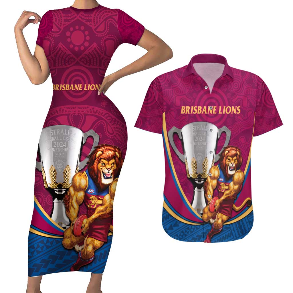 Personalised AFL Brisbane Lions Couples Matching Short Sleeve Bodycon Dress and Hawaiian Shirt 2024 We Are The Champions - Trophy Style