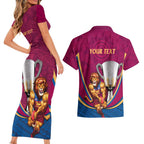 Personalised AFL Brisbane Lions Couples Matching Short Sleeve Bodycon Dress and Hawaiian Shirt 2024 We Are The Champions - Trophy Style