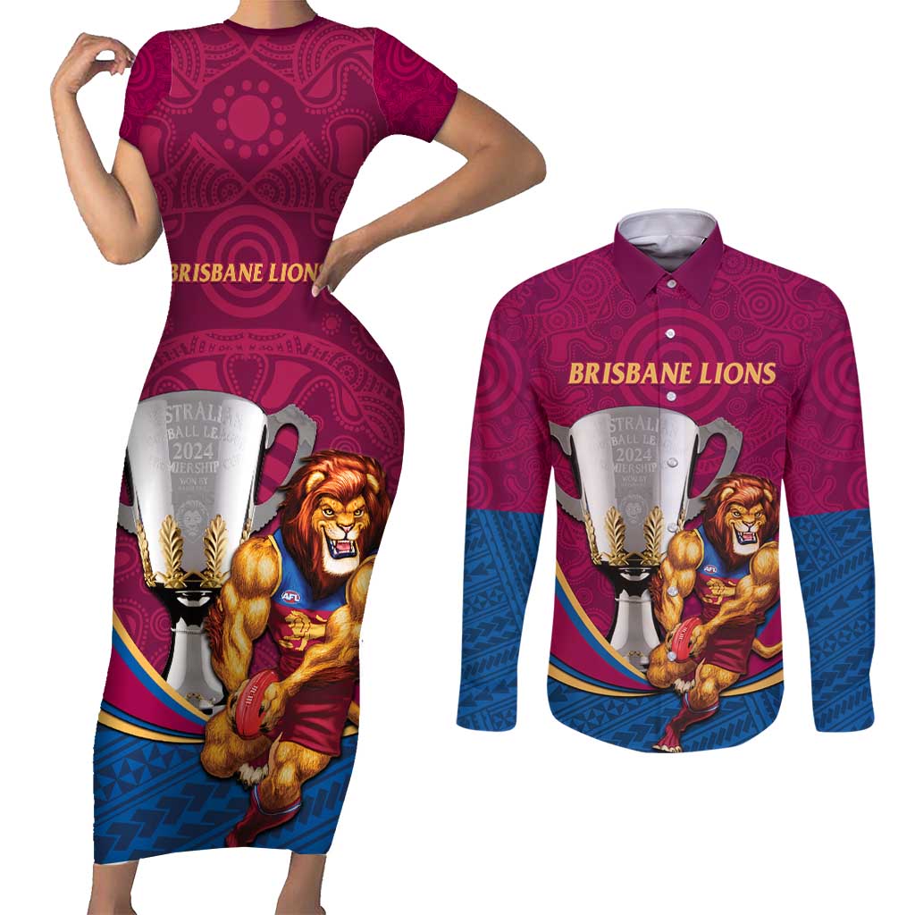 Personalised AFL Brisbane Lions Couples Matching Short Sleeve Bodycon Dress and Long Sleeve Button Shirt 2024 We Are The Champions - Trophy Style