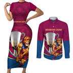 Personalised AFL Brisbane Lions Couples Matching Short Sleeve Bodycon Dress and Long Sleeve Button Shirt 2024 We Are The Champions - Trophy Style