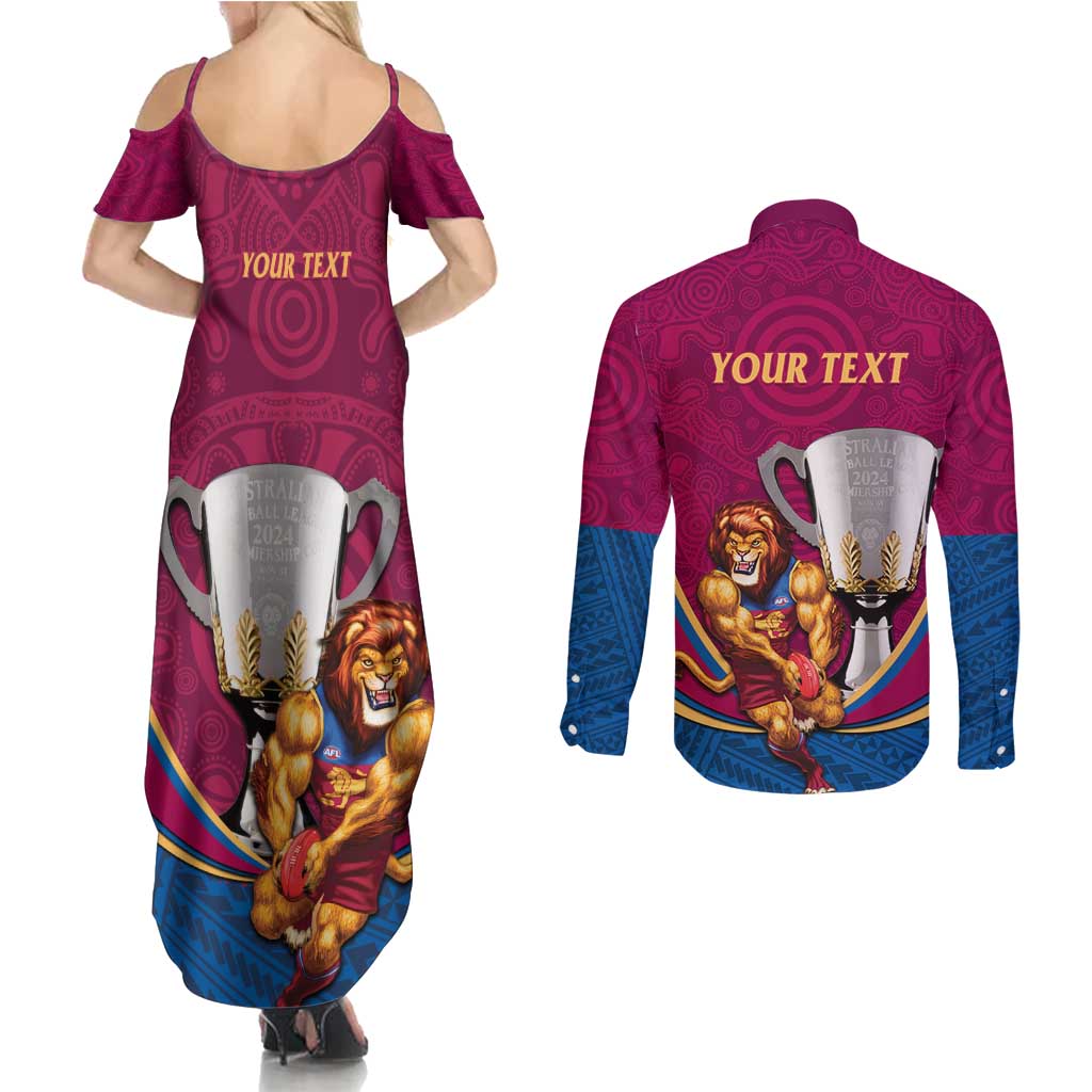 Personalised AFL Brisbane Lions Couples Matching Summer Maxi Dress and Long Sleeve Button Shirt 2024 We Are The Champions - Trophy Style