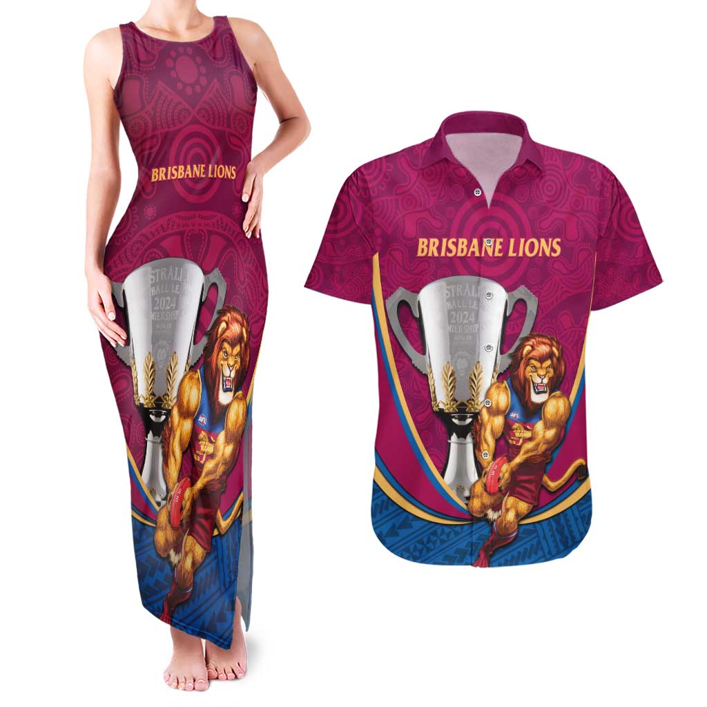 Personalised AFL Brisbane Lions Couples Matching Tank Maxi Dress and Hawaiian Shirt 2024 We Are The Champions - Trophy Style