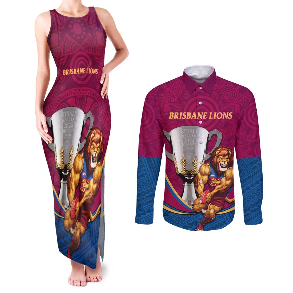 Personalised AFL Brisbane Lions Couples Matching Tank Maxi Dress and Long Sleeve Button Shirt 2024 We Are The Champions - Trophy Style