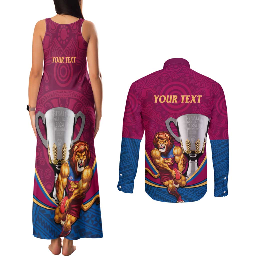 Personalised AFL Brisbane Lions Couples Matching Tank Maxi Dress and Long Sleeve Button Shirt 2024 We Are The Champions - Trophy Style