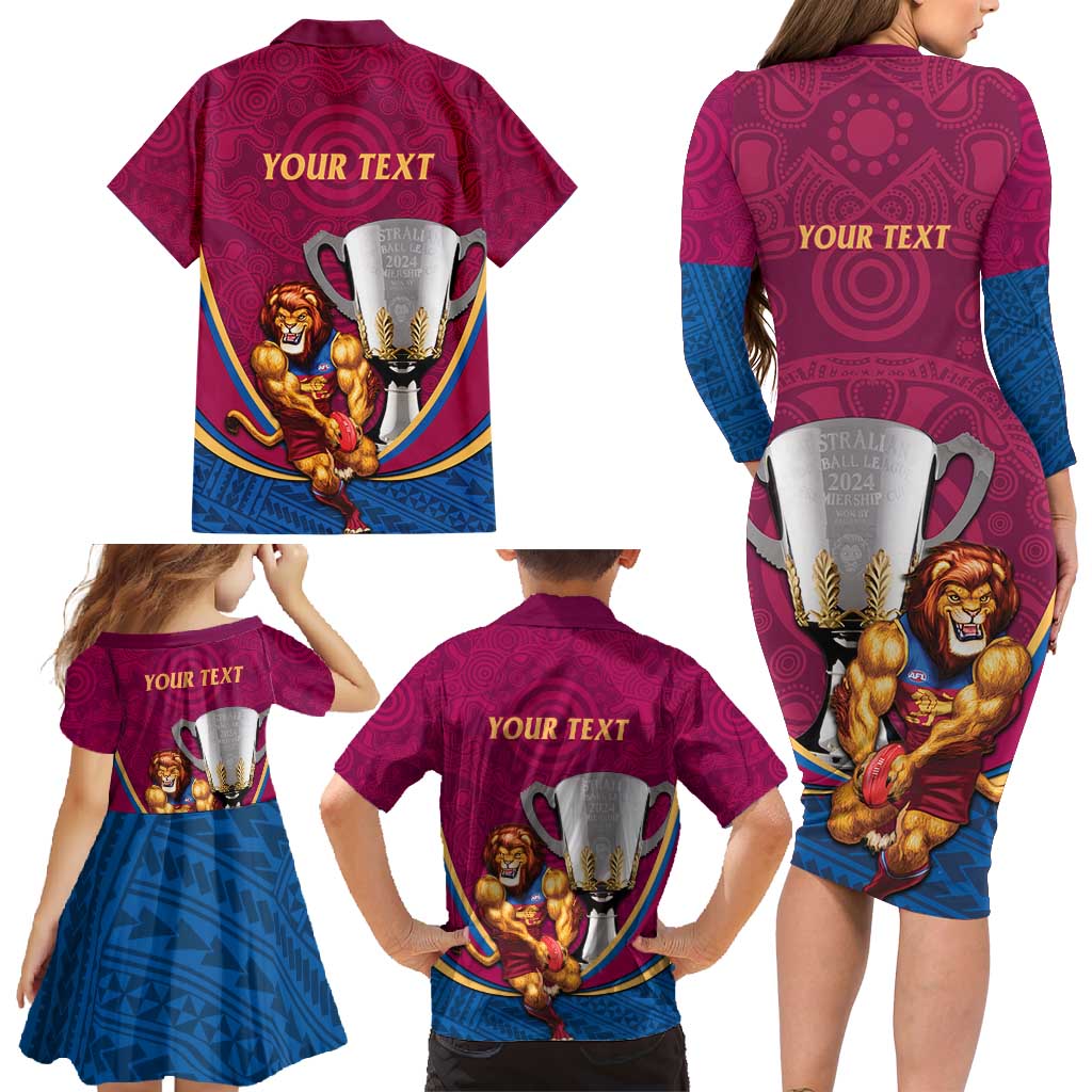 Personalised AFL Brisbane Lions Family Matching Long Sleeve Bodycon Dress and Hawaiian Shirt 2024 We Are The Champions - Trophy Style