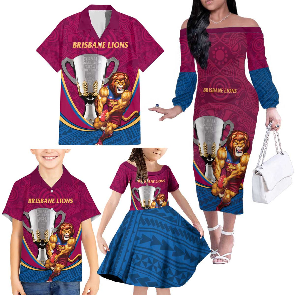 Personalised AFL Brisbane Lions Family Matching Off The Shoulder Long Sleeve Dress and Hawaiian Shirt 2024 We Are The Champions - Trophy Style