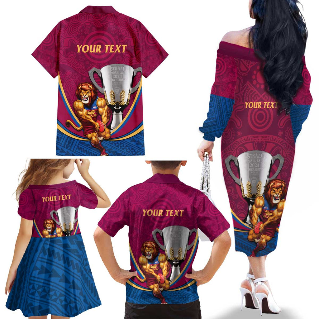 Personalised AFL Brisbane Lions Family Matching Off The Shoulder Long Sleeve Dress and Hawaiian Shirt 2024 We Are The Champions - Trophy Style