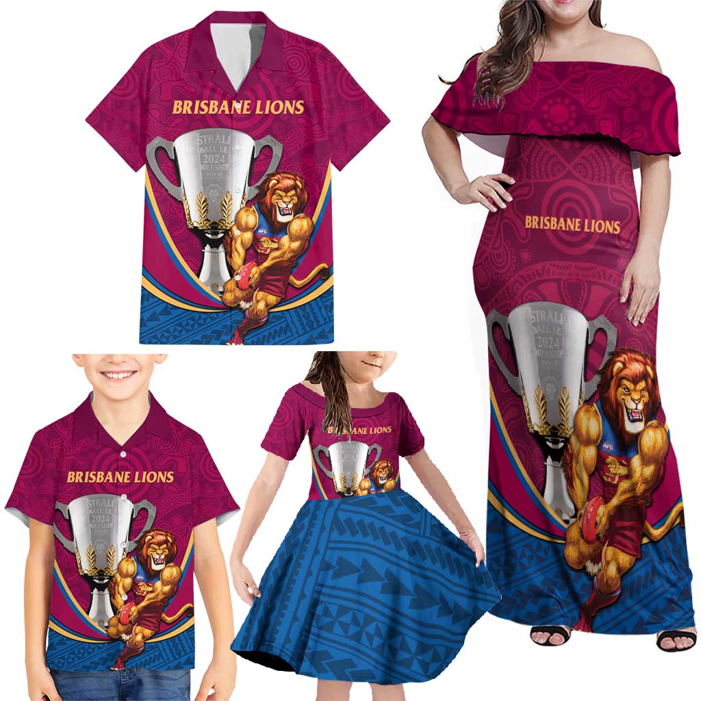 Personalised AFL Brisbane Lions Family Matching Off Shoulder Maxi Dress and Hawaiian Shirt 2024 We Are The Champions - Trophy Style