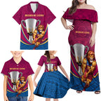 Personalised AFL Brisbane Lions Family Matching Off Shoulder Maxi Dress and Hawaiian Shirt 2024 We Are The Champions - Trophy Style