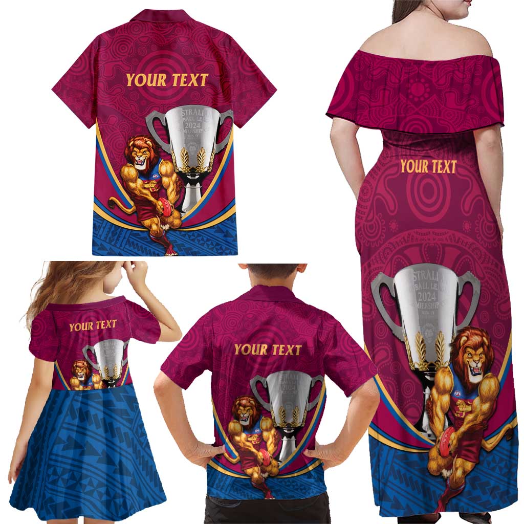 Personalised AFL Brisbane Lions Family Matching Off Shoulder Maxi Dress and Hawaiian Shirt 2024 We Are The Champions - Trophy Style