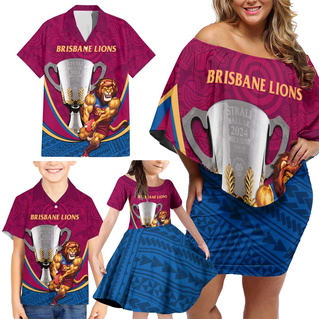 Personalised AFL Brisbane Lions Family Matching Off Shoulder Short Dress and Hawaiian Shirt 2024 We Are The Champions - Trophy Style