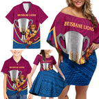 Personalised AFL Brisbane Lions Family Matching Off Shoulder Short Dress and Hawaiian Shirt 2024 We Are The Champions - Trophy Style
