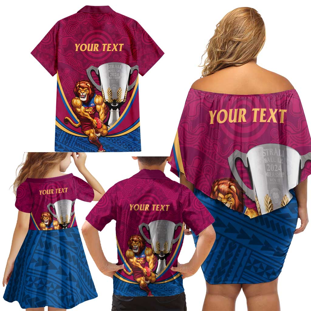Personalised AFL Brisbane Lions Family Matching Off Shoulder Short Dress and Hawaiian Shirt 2024 We Are The Champions - Trophy Style