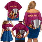 Personalised AFL Brisbane Lions Family Matching Off Shoulder Short Dress and Hawaiian Shirt 2024 We Are The Champions - Trophy Style