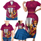 Personalised AFL Brisbane Lions Family Matching Short Sleeve Bodycon Dress and Hawaiian Shirt 2024 We Are The Champions - Trophy Style