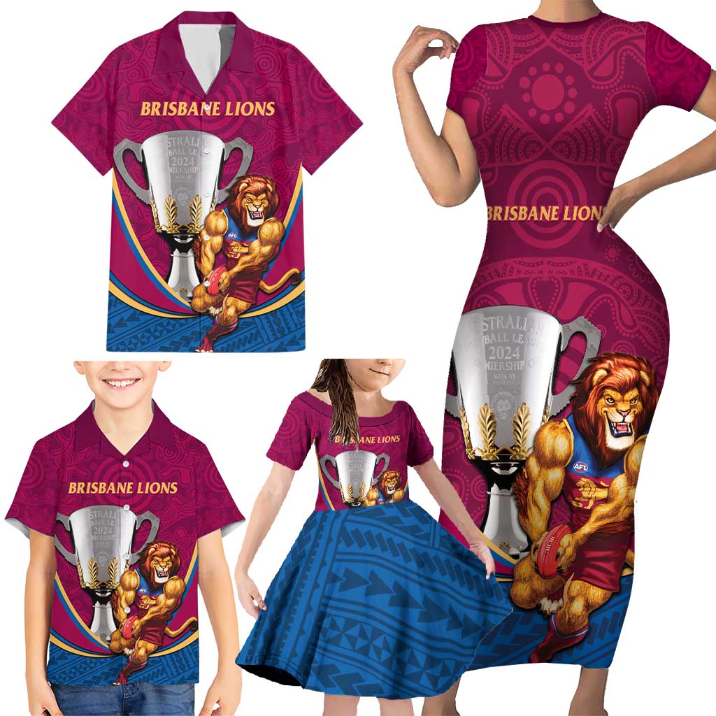 Personalised AFL Brisbane Lions Family Matching Short Sleeve Bodycon Dress and Hawaiian Shirt 2024 We Are The Champions - Trophy Style