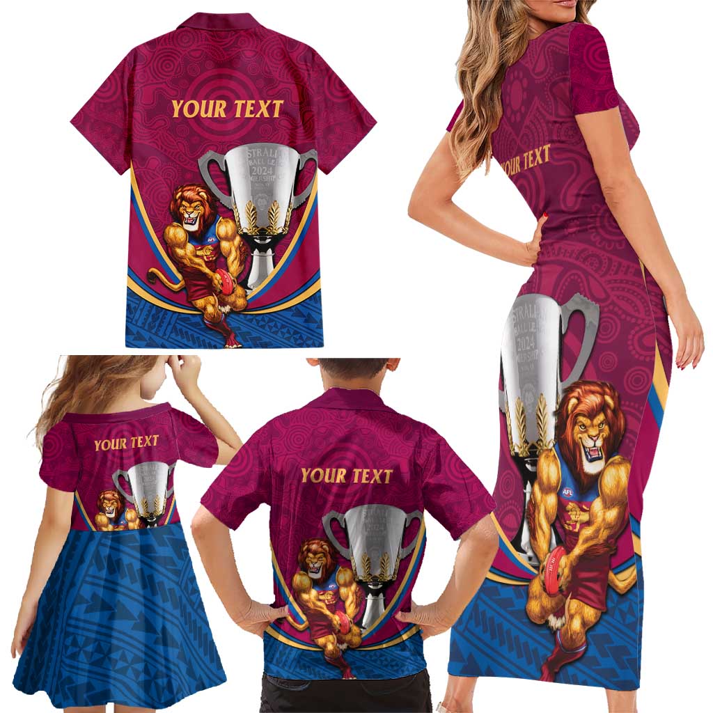 Personalised AFL Brisbane Lions Family Matching Short Sleeve Bodycon Dress and Hawaiian Shirt 2024 We Are The Champions - Trophy Style