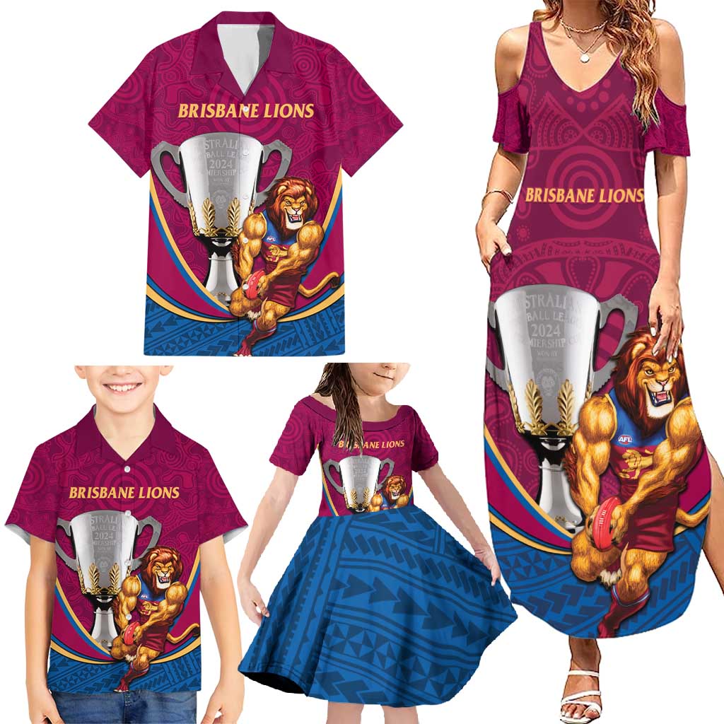Personalised AFL Brisbane Lions Family Matching Summer Maxi Dress and Hawaiian Shirt 2024 We Are The Champions - Trophy Style