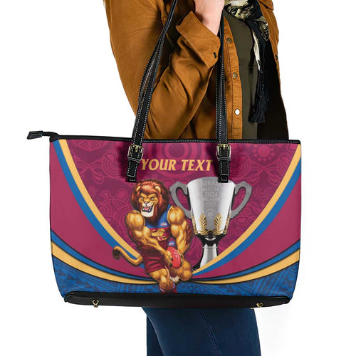 Personalised AFL Brisbane Lions Leather Tote Bag 2024 We Are The Champions - Trophy Style