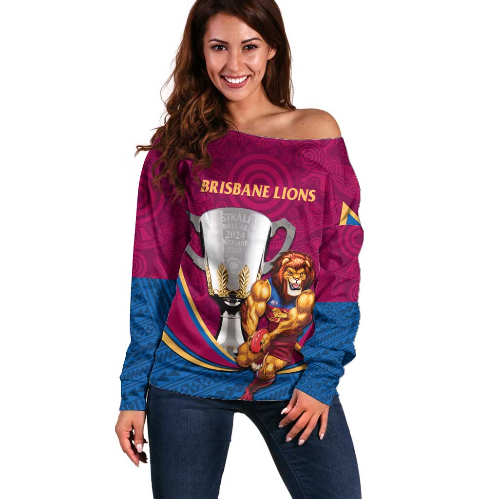 Personalised AFL Brisbane Lions Off Shoulder Sweater 2024 We Are The Champions - Trophy Style