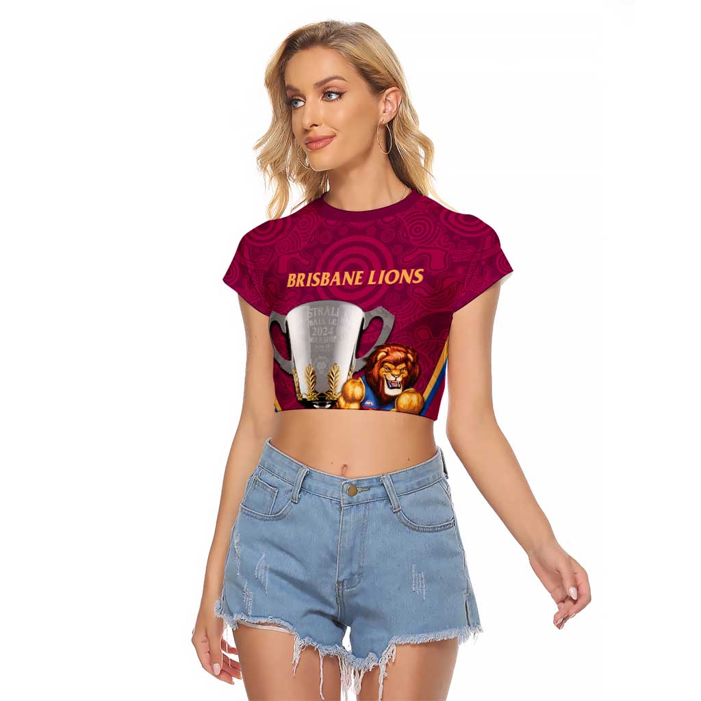 Personalised AFL Brisbane Lions Raglan Cropped T Shirt 2024 We Are The Champions - Trophy Style