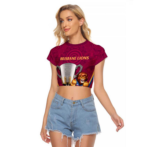 Personalised AFL Brisbane Lions Raglan Cropped T Shirt 2024 We Are The Champions - Trophy Style