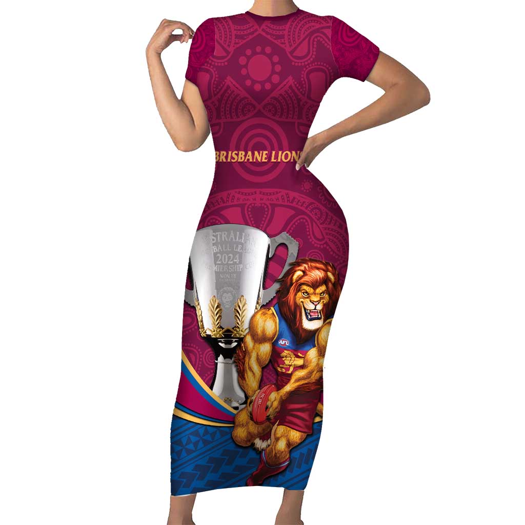 Personalised AFL Brisbane Lions Short Sleeve Bodycon Dress 2024 We Are The Champions - Trophy Style