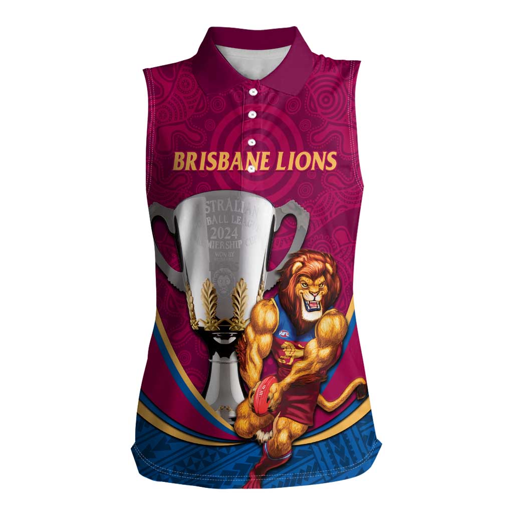 Personalised AFL Brisbane Lions Women Sleeveless Polo Shirt 2024 We Are The Champions - Trophy Style