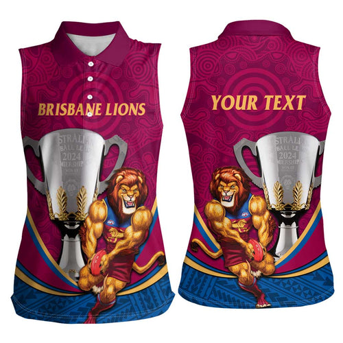 Personalised AFL Brisbane Lions Women Sleeveless Polo Shirt 2024 We Are The Champions - Trophy Style