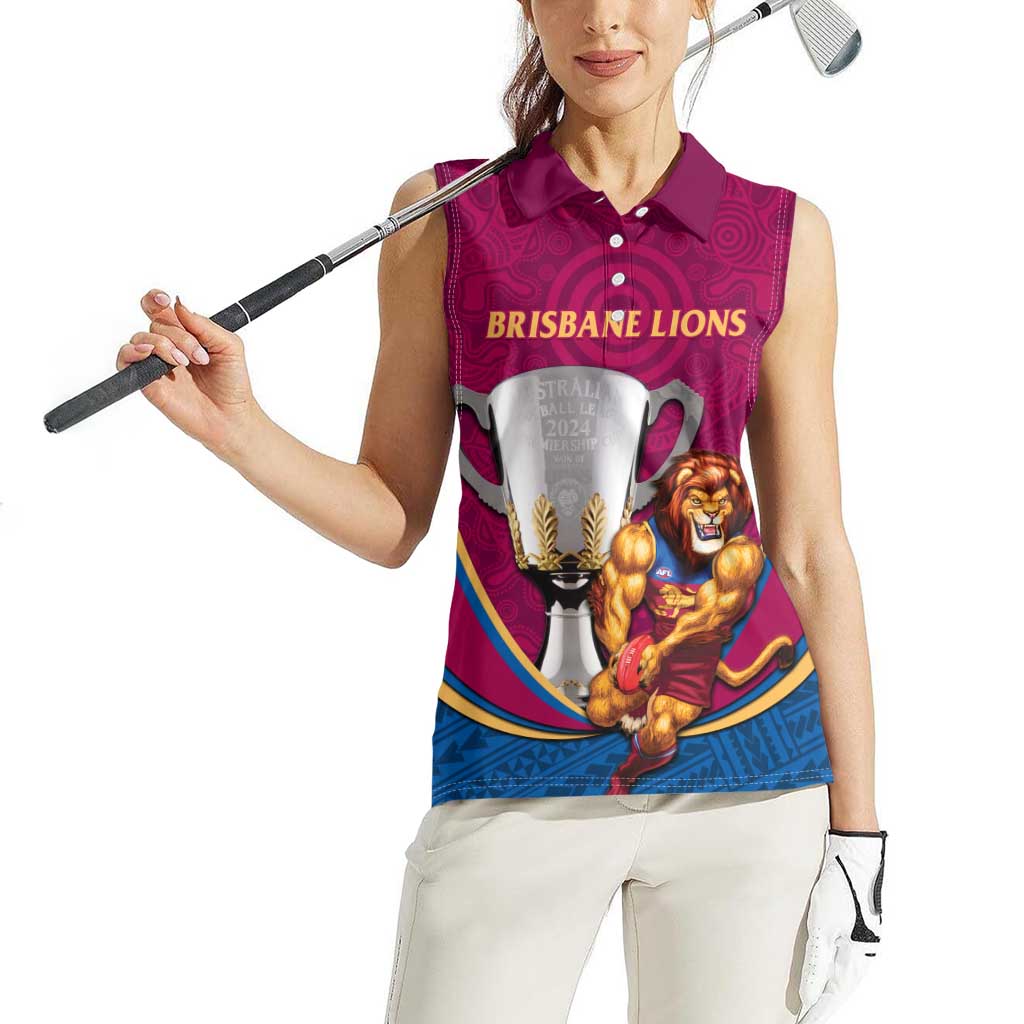 Personalised AFL Brisbane Lions Women Sleeveless Polo Shirt 2024 We Are The Champions - Trophy Style