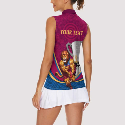 Personalised AFL Brisbane Lions Women Sleeveless Polo Shirt 2024 We Are The Champions - Trophy Style