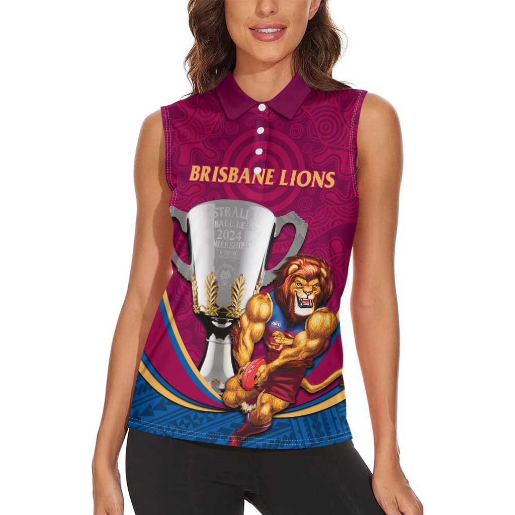 Personalised AFL Brisbane Lions Women Sleeveless Polo Shirt 2024 We Are The Champions - Trophy Style