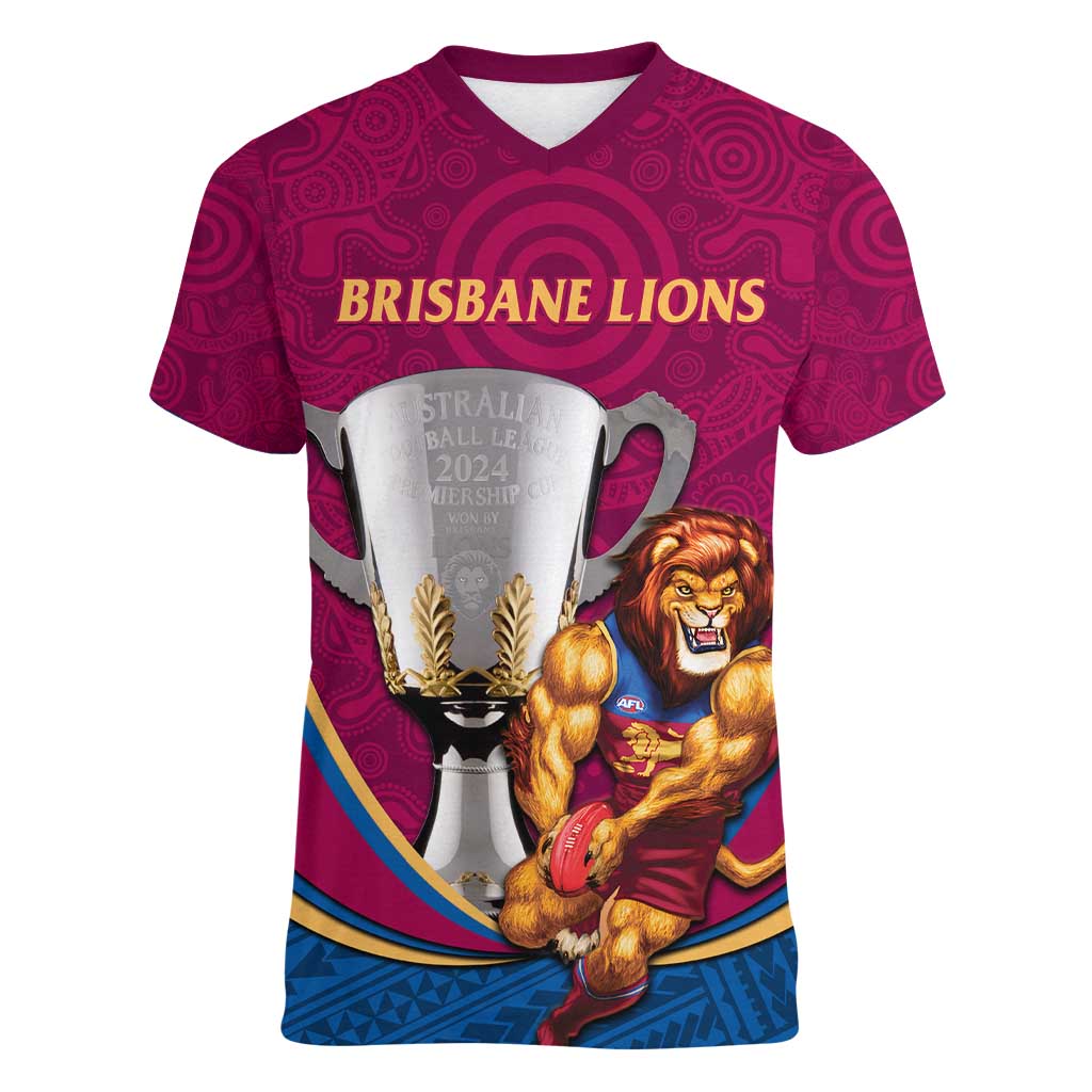 Personalised AFL Brisbane Lions Women V-Neck T-Shirt 2024 We Are The Champions - Trophy Style