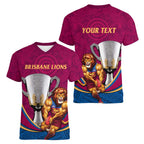 Personalised AFL Brisbane Lions Women V-Neck T-Shirt 2024 We Are The Champions - Trophy Style