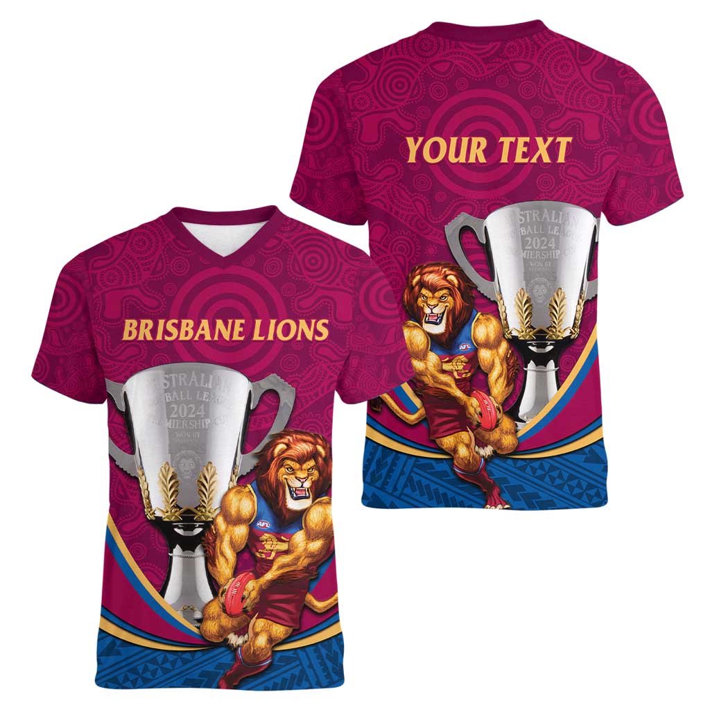 Personalised AFL Brisbane Lions Women V-Neck T-Shirt 2024 We Are The Champions - Trophy Style