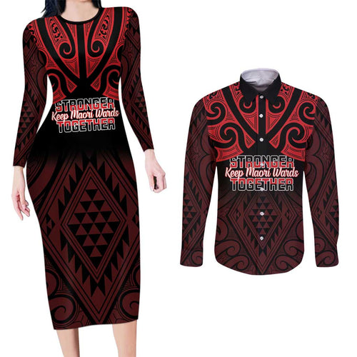 Personalised Keep Maori Wards New Zealand Couples Matching Long Sleeve Bodycon Dress and Long Sleeve Button Shirt Stronger Together Aotearoa Taniko - Aussie Hoodie