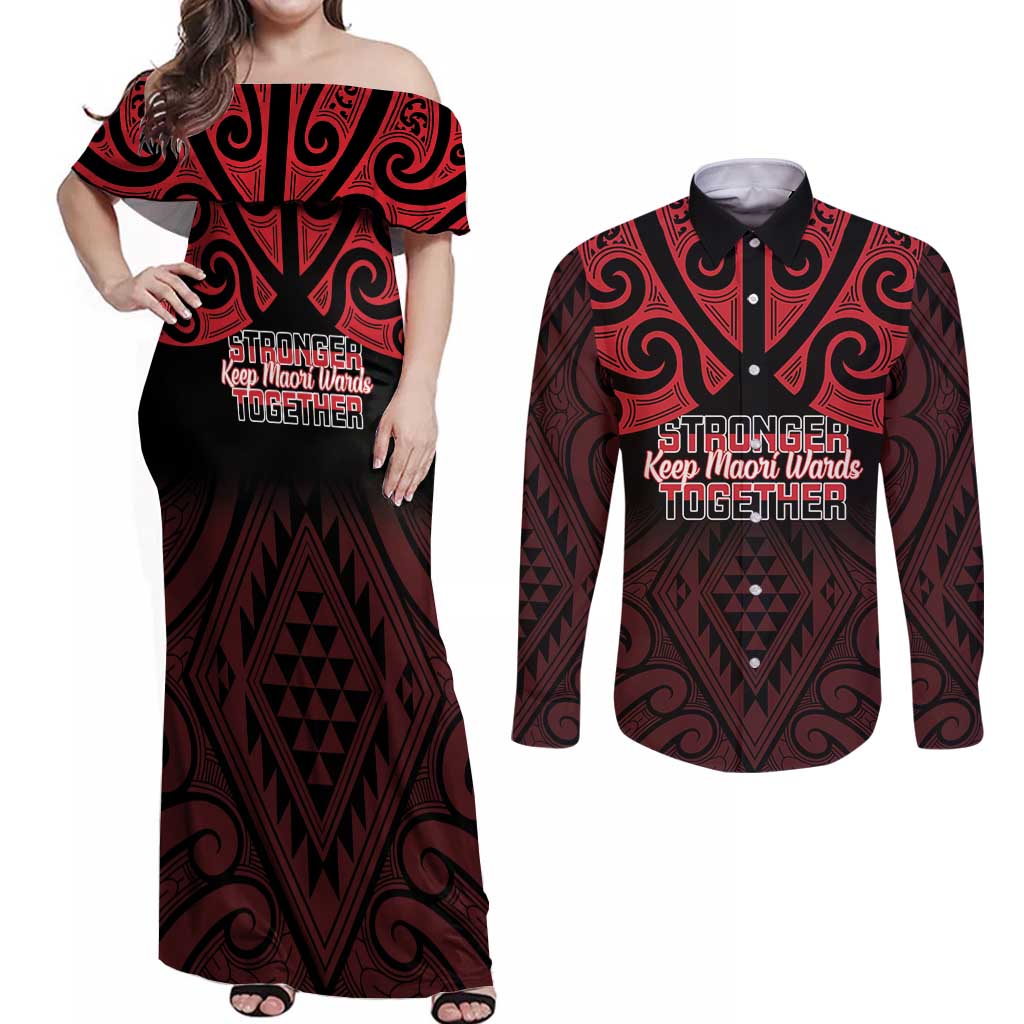 Personalised Keep Maori Wards New Zealand Couples Matching Off Shoulder Maxi Dress and Long Sleeve Button Shirt Stronger Together Aotearoa Taniko - Aussie Hoodie