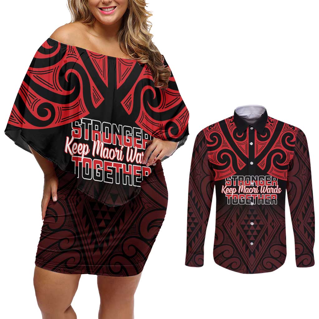 Personalised Keep Maori Wards New Zealand Couples Matching Off Shoulder Short Dress and Long Sleeve Button Shirt Stronger Together Aotearoa Taniko - Aussie Hoodie