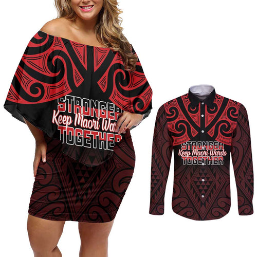 Personalised Keep Maori Wards New Zealand Couples Matching Off Shoulder Short Dress and Long Sleeve Button Shirt Stronger Together Aotearoa Taniko - Aussie Hoodie